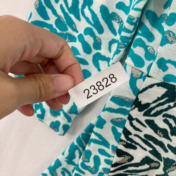 Alberto Makali size Medium Blue White Abstract Print Stretch Draped Light Jacket - Picture 7 of 7